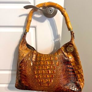 Brahmin, pecan colored, all leather, croc embossed,  with bamboo handle